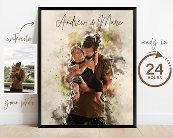 Portrait de famille aquarelle | Portrait de peinture de père fils à partir de la photo | Cadeau personnalisé pour la fête des pères | Cadeau d'anniversaire personnalisé pour mari