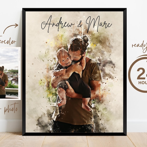 Retrato familiar en acuarela / Retrato pintado por padre e hijo a partir de una foto / Regalo personalizado para el Día del Padre / Regalo de aniversario personalizado para el esposo