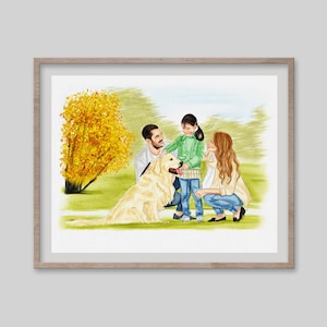 Family Portrait with Dog, Custom Watercolor Painting, Personalized Mother's Day Gift, Anniversary Gift, Couple with Dog, Portrait from Photo