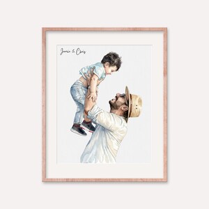 May include: Watercolor portrait in a rose gold frame. The artwork depicts a father lifting a child in the air. The father wears a straw hat and sunglasses. The child is wearing a light blue shirt and jeans. The text "Jamie & Chris" is written at the top.