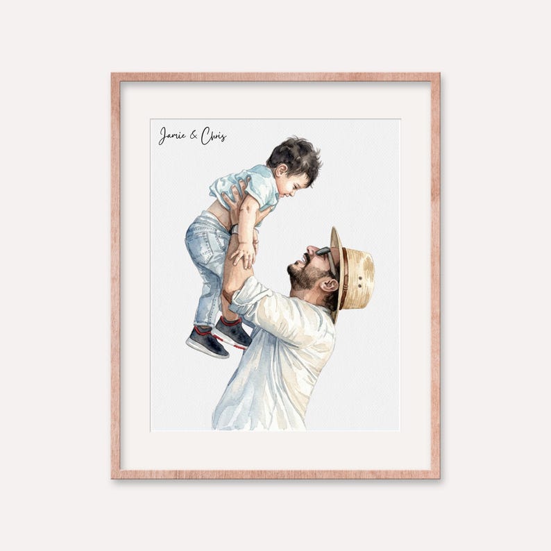 May include: Watercolor portrait in a rose gold frame. The artwork depicts a father lifting a child in the air. The father wears a straw hat and sunglasses. The child is wearing a light blue shirt and jeans. The text "Jamie & Chris" is written at the top.