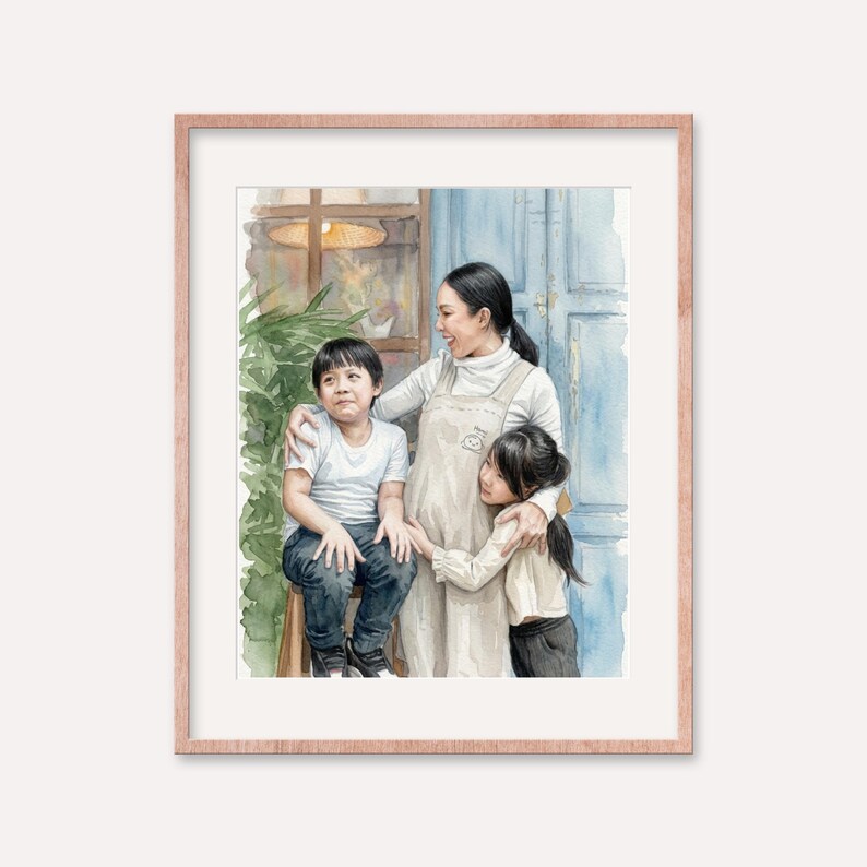 May include: Watercolor portrait of a family of three, framed in a rose gold frame. A woman in a white turtleneck and apron embraces two children. The boy sits on a stool, and the girl hugs the woman. The background features a blue door and greenery.