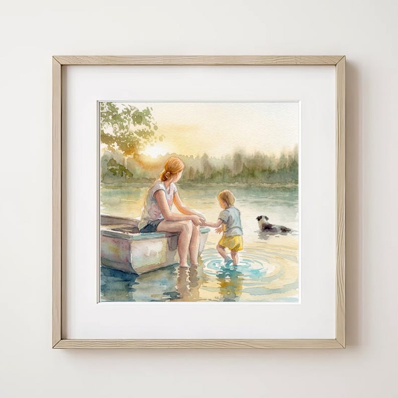 May include: Watercolor print of a serene lakeside scene. A person sits in a boat, holding hands with a child wading in the water. A dog swims nearby. The artwork is framed in a light wood frame, with a soft, warm color palette.