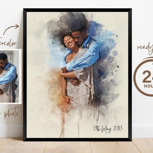 Watercolor Couple Portrait from Photo, Custom Wedding Anniversary Gift for Wife Husband Parents, Engagement Gift for Friend, Unique Wall Art