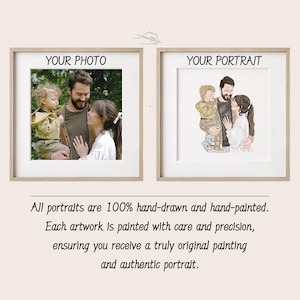 May include: Two framed portraits side-by-side. The left frame displays a photograph of a family, while the right frame shows a hand-painted portrait of the same family. Text at the bottom states, "All portraits are 100% hand-drawn and hand-painted."