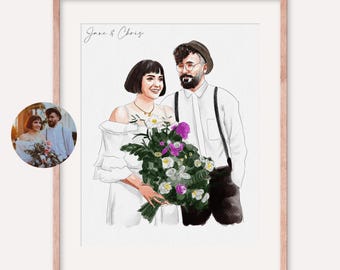 Couple Portrait, Hand-Drawn Watercolor Portrait, Couple Painting, Hand-Painted, Family Portrait, Anniversary Gift, Proposal Portrait Gift