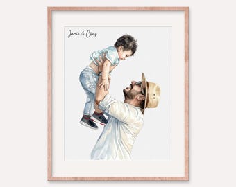 Retrato familiar en acuarela / Dibujo de padre e hijo a partir de una foto / Regalo personalizado para el Día del Padre / Personalizado