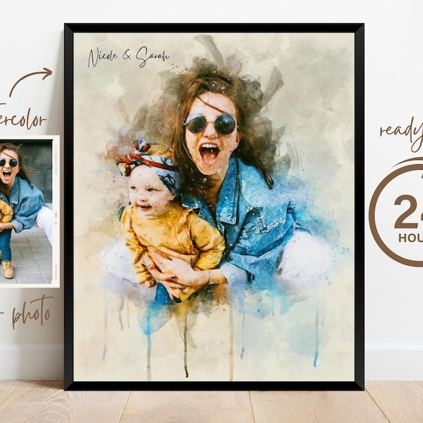 Gift for Mom Mother Grandma, Family Portrait, Mothers Day Custom Watercolor Portrait from Photo, Mom Daughter Print, Gift from Daughter