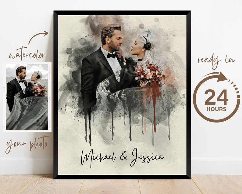 Wedding Anniversary Gift for Wife Husband, Watercolor Couple Portrait Painting from Photo, Engagement Gift, 1st Anniversary Gift, Wall Art image 4