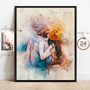Tekening, illustratie, paar schilderij van foto, aquarelportret, aangepast jubileum huwelijkscadeau voor echtgenoot, gepersonaliseerd cadeau