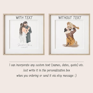 May include: Two framed art prints. One shows a couple embracing, with text "Sarah & Chris 13.05.2013". The other depicts a person holding a child. Both are in light wood frames, with the text "WITH TEXT" and "WITHOUT TEXT".