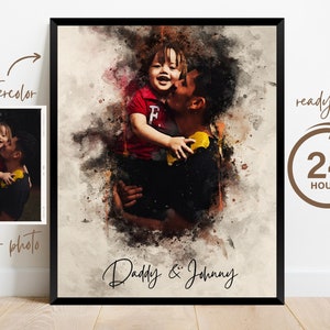 Regalo per la prima festa del papà / Ritratto di padre e figlia con foto / Ritratto di famiglia personalizzato con acquerello / Regalo di anniversario per il marito