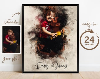 1er cadeau de fête des pères | Père Fille Fils Peignant un portrait à partir de la photo | Aquarelle de portrait de famille personnalisée | Cadeau d’anniversaire pour mari