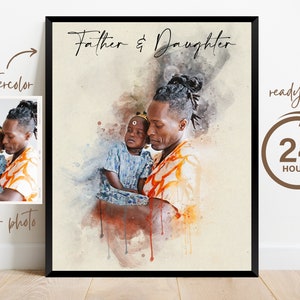 Ritratto di padre e figlio dipinto da foto / Regalo personalizzato per la festa del papà / Ritratto di famiglia ad acquerello / Regalo di anniversario personalizzato per il marito