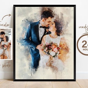 Wedding Anniversary Gift for Wife Husband, Watercolor Couple Portrait Painting from Photo, Engagement Gift, 1st Anniversary Gift, Wall Art image 6