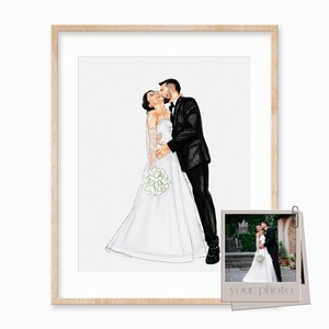 May include: A watercolor illustration of a couple kissing on their wedding day. The bride is wearing a white dress and the groom is wearing a black suit. The illustration is framed in a light wood frame.
