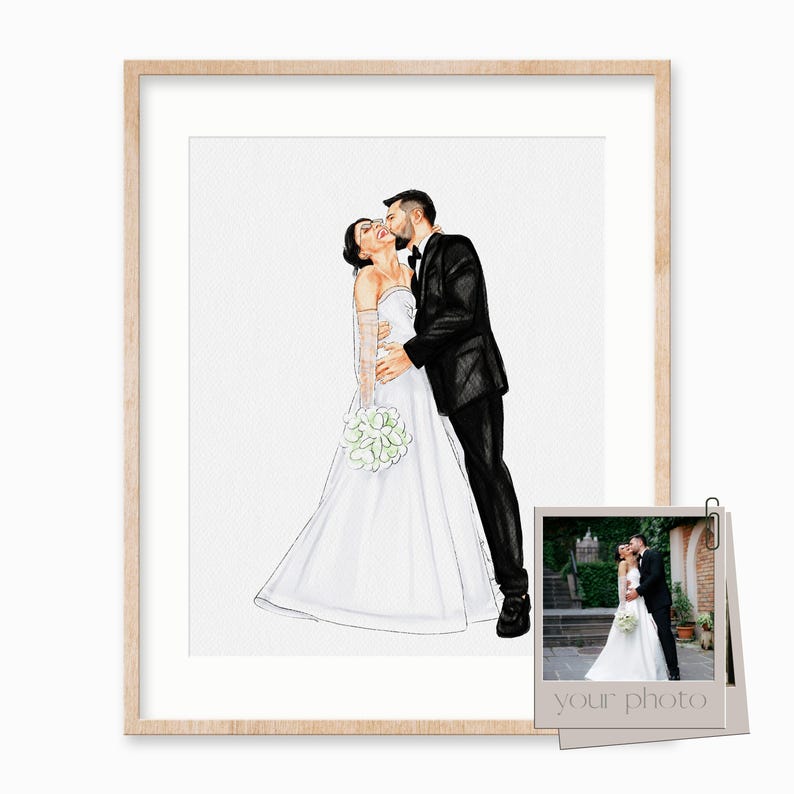 May include: A watercolor illustration of a couple kissing on their wedding day. The bride is wearing a white dress and the groom is wearing a black suit. The illustration is framed in a light wood frame.