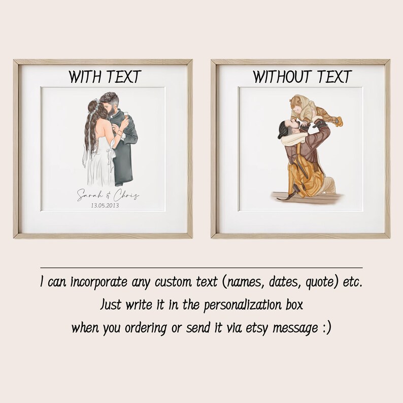 Puede incluir: Dos impresiones art&iacute;sticas enmarcadas. Una muestra a una pareja abraz&aacute;ndose, con el texto "WITH TEXT", nombres y una fecha. La otra muestra a una persona sosteniendo a un ni&ntilde;o. El texto de abajo dice: "I can incorporate any custom text (names, dates, quote) etc."