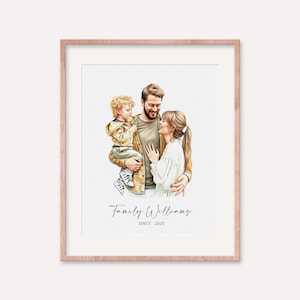 May include: A framed watercolor portrait of a family. The portrait features a man holding a young child, with a woman standing beside them. The family is dressed in casual attire. The text "Family Williams" and "Since 2025" are written below the portrait.