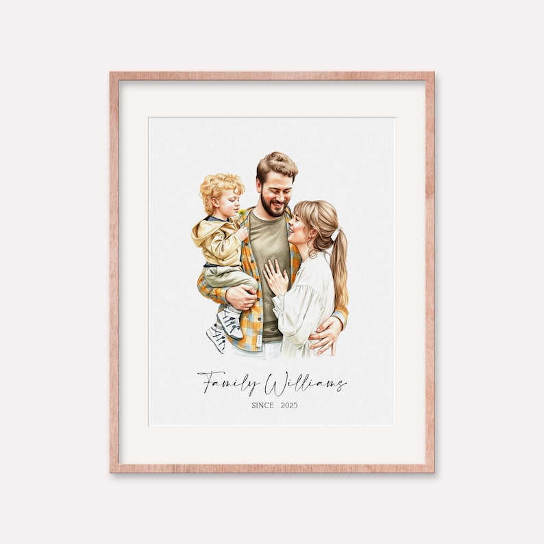 May include: A framed watercolor portrait of a family. The portrait features a man holding a young child, with a woman standing beside them. The family is dressed in casual attire. The text "Family Williams" and "Since 2025" are written below the portrait.