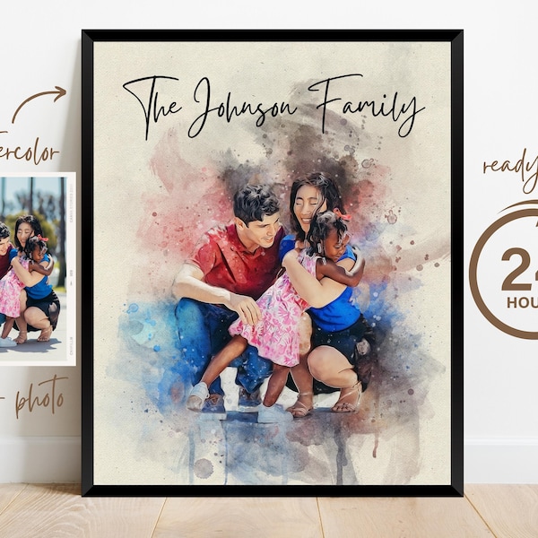 Custom Family Portrait, Family Illustration, Family Photo Gift, Family Present, Personalized Watercolor Painting Portrait from Photo