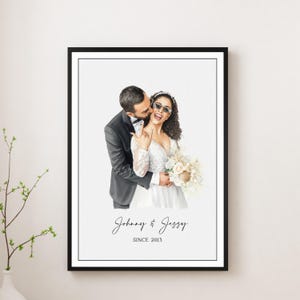 May include: A framed watercolor portrait of a couple on their wedding day. The man in a black tuxedo kisses the woman, who wears a white wedding dress and sunglasses. The text "Johnny & Jessy SINCE 2013" is below the couple.
