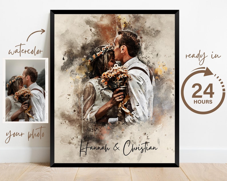 Wedding Anniversary Gift for Wife Husband, Watercolor Couple Portrait Painting from Photo, Engagement Gift, 1st Anniversary Gift, Wall Art image 3