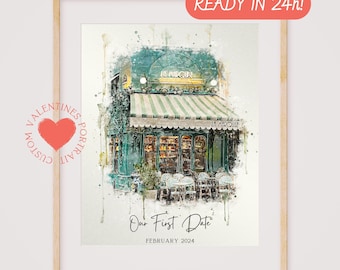 Our First Date Venue Portrait Painting | Custom Watercolor Couple Drawing | Venue Illustration | Anniversary Keepsake | Valentines Gift