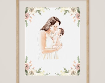 Geschenk für Mama, Mutter und Baby Tochter Porträt, Benutzerdefinierte Porträt, personalisierte Malerei Druck