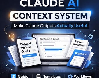 May include: A promotional graphic for "CLAUDE AI CONTEXT SYSTEM" with the tagline "Make Claude Outputs Actually Useful." The image features a laptop displaying an AI context interface, a tablet with a "Context System Guide," and a stack of "Prompt Templates" and a "Workbook."