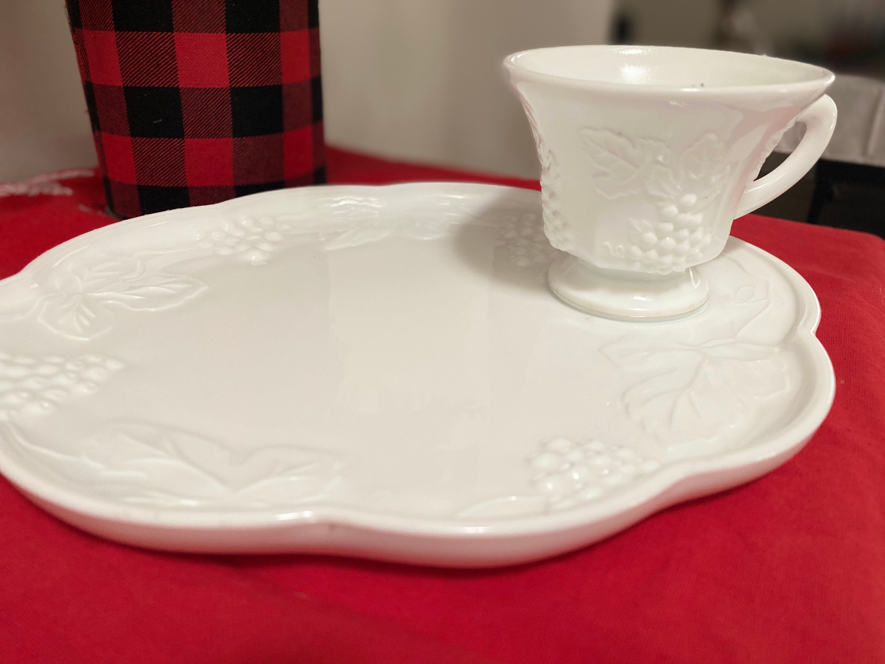 Vintage harvest Grape Milk Glass Snack Plates and Cups Set Etsy