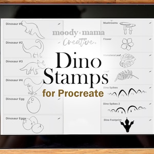 Op de afbeelding: Een digitale illustratie van een set dinosaurus stempels voor de Procreate app. De stempels bevatten verschillende dinosaurussen, eieren, bladeren, paddenstoelen en een voetafdruk.