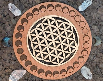 Grille de cristal en bois | Géométrie sacrée | Présentoir en cristal | Grilles de cristal gravées