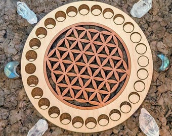 Grille de cristal en bois | Géométrie sacrée | Présentoir en cristal | Grilles de cristal gravées