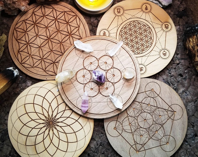 Wooden Crystal Grids | Sacred Geometry | Crystal Display | Engraved Crystal Grids