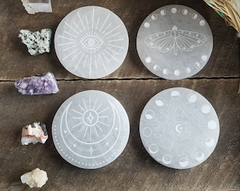4" Selenite charging plate | Engraved Selenite circle | Moon Phase | Crescent Moon | Gemstone | Healing Crystal | Metaphysical Gift