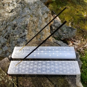 8" Selenite Incense Holder | Engraved Selenite Plate/Ruler | Moon Phase | Sacred Symbols | Gemstone | Healing Crystal | Metaphysical Gift