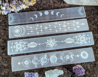 7-8" Selenite Charging Bar | Engraved Selenite Plate/Ruler | Moon Phase | Sacred Symbols | Gemstone | Healing Crystal | Metaphysical Gift