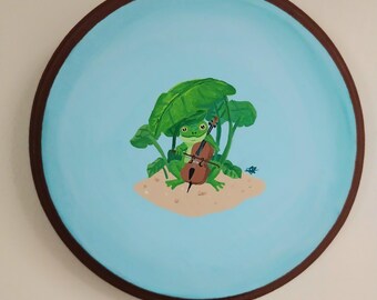 Frog Playing Cello Hand-Painted Wood Wall Plaque