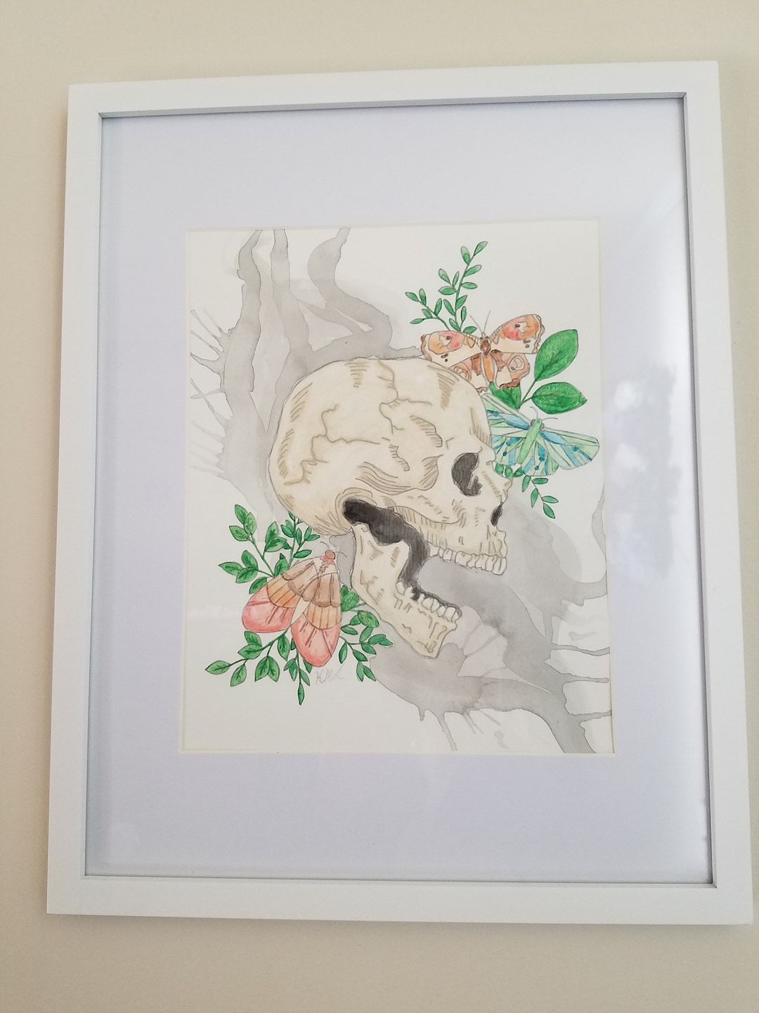 Framed Watercolor Skull Flower Painting Etsy