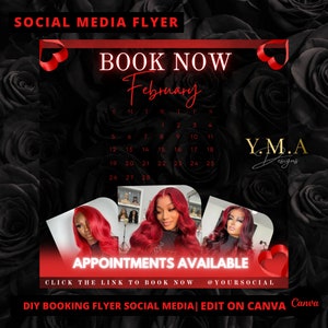 February booking flyer, appointment social media flyer, diy canva booking flyer, booking flyer appointment ready, canva social media booking