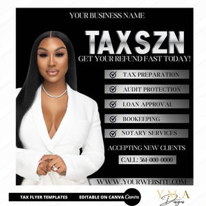 Black and silver Tax Flyer, DIY tax season flyer, canva tax flyer, income tax flyer template, tax preparer flyer, social media tax flyer
