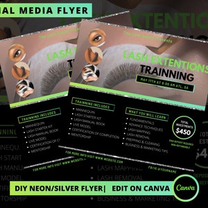 DIY Neon Green/Silver Lash Training Flyer, Social Media Flyer, Lash Technician Flyer, Lash Course Flyer, Lash Class Flyer,Lash Workshop