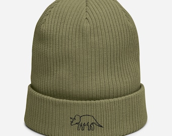 Gorro de punto orgánico acanalado / Gorro de dinosaurio Triceratops bordado