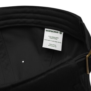 May include: Black baseball cap with a green eco-conscious label that reads "100% organic cotton Made in China hand wash in cold water, line dry RN# 127319 econscious.net"