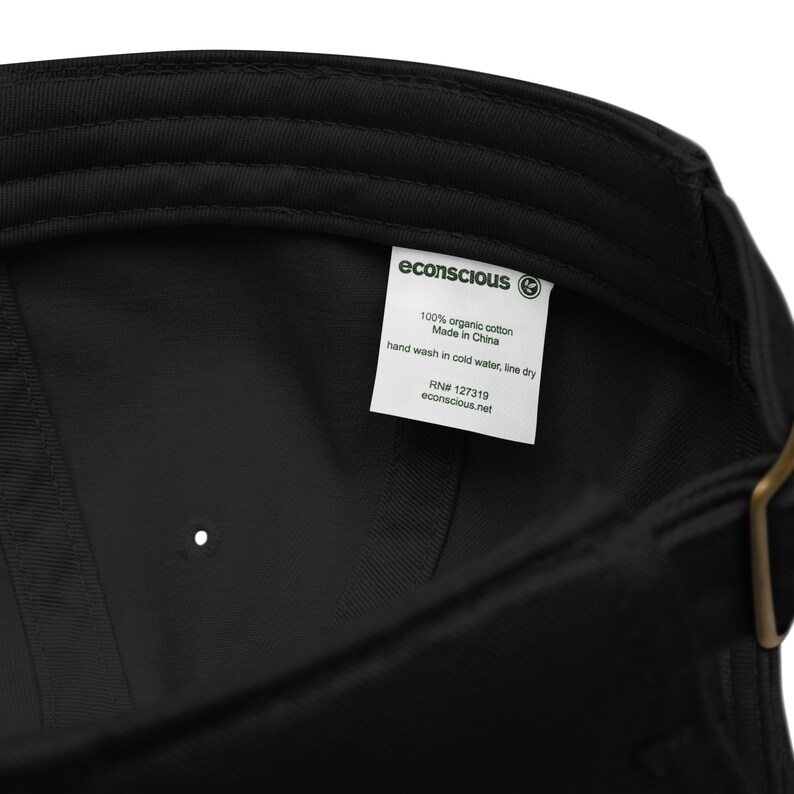 May include: Black baseball cap with a green eco-conscious label that reads "100% organic cotton Made in China hand wash in cold water, line dry RN# 127319 econscious.net"
