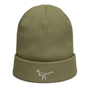 Organic Ribbed Beanie Dinosaur | Velociraptor Dinosaur Lover Hat | Winter Beanie | Embroidered Beanie