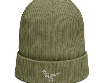 Organic Ribbed Beanie Dinosaur | Embroidered Velociraptor Hat