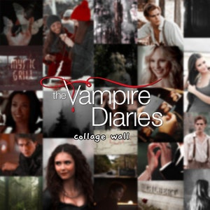 Puede incluir: Un collage de imágenes con personajes de la serie de televisión "The Vampire Diaries". El título "The Vampire Diaries" está escrito en rojo y blanco con una gota de sangre roja. El texto "collage wall" está escrito debajo del título.