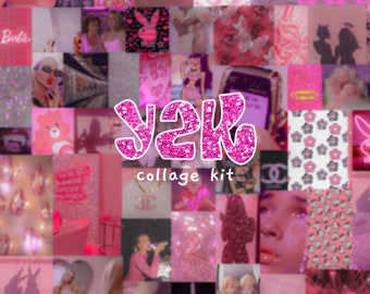 Könnte beinhalten: Ein rosa-weißes Collage-Set mit dem Text "y2k collage kit". Das Collage-Set enthält Bilder von Schmetterlingen, Blumen, Herzen und anderen Designs im Y2K-Stil.